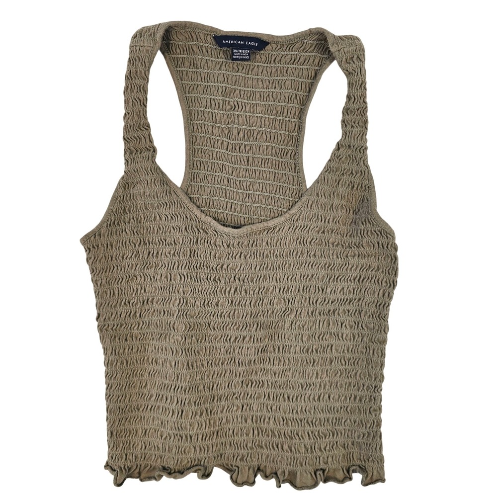 American Eagle Smocked Racerback Tank Top Olive Green‎ XS Lettuce Hem Boho